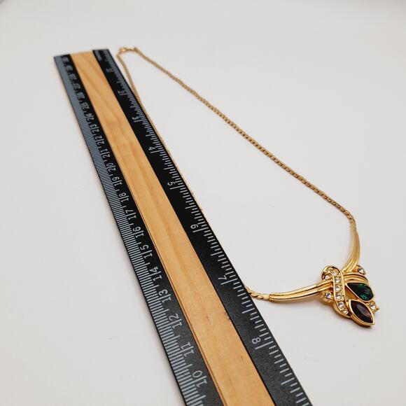 Vintage 1980s Rhinestone Necklace – Purple Green Clear Stones, 16" Pendant Chain - Picture 5 of 8